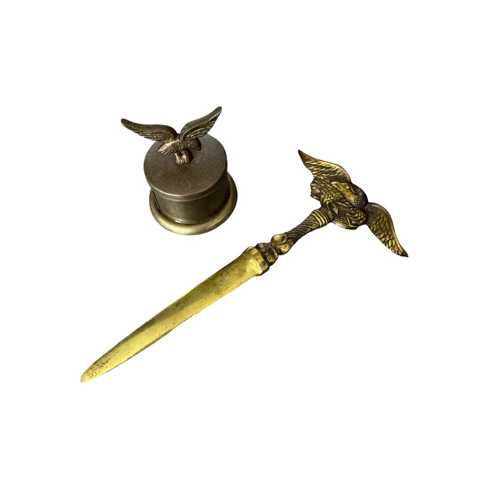 Vintage Brass Eagle Letter Opener and‎ Stamp Dispenser Desk Set Americana Decor
